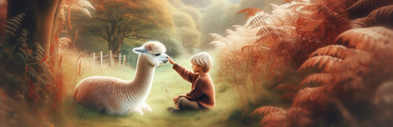 Dziecko uczestniczące w sesji alpakoterapii indywidualnej w Alpakowym Zaciszu